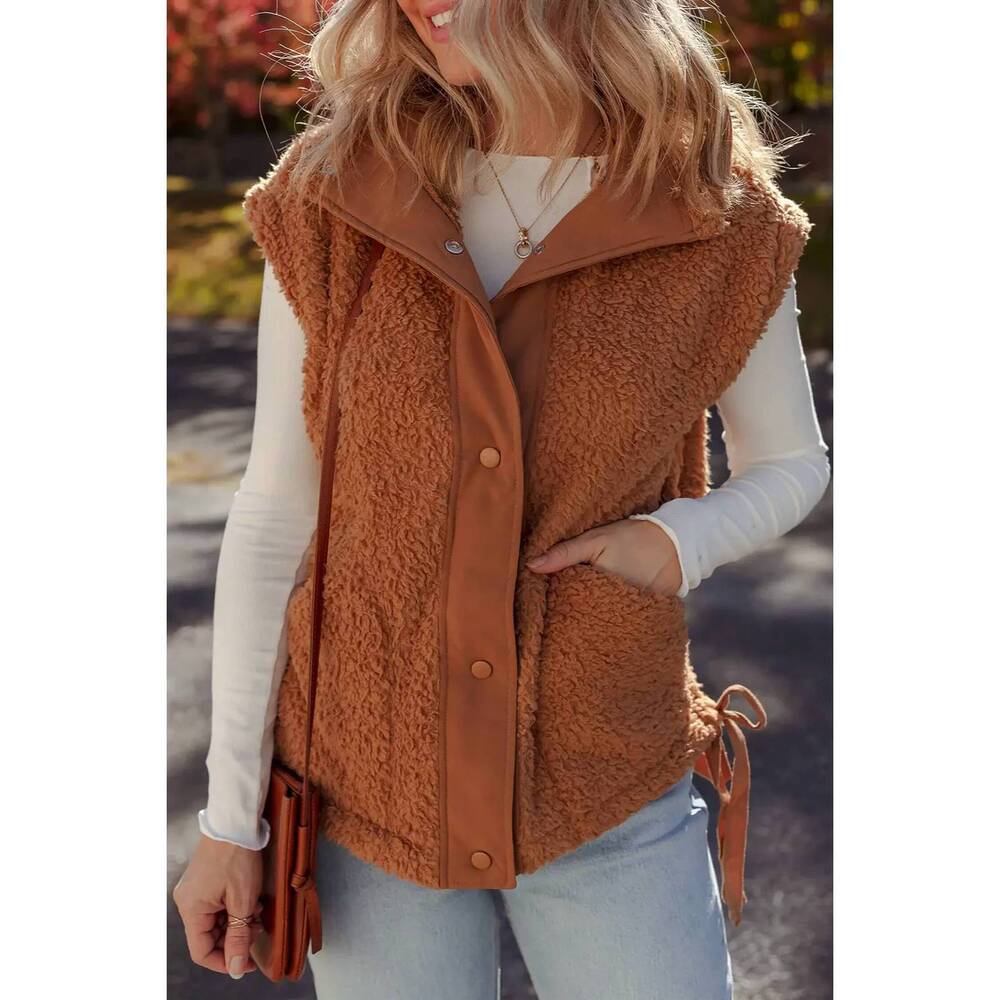 NEW 1 THE WOMAN sherpa snap button front vest in cinnamon